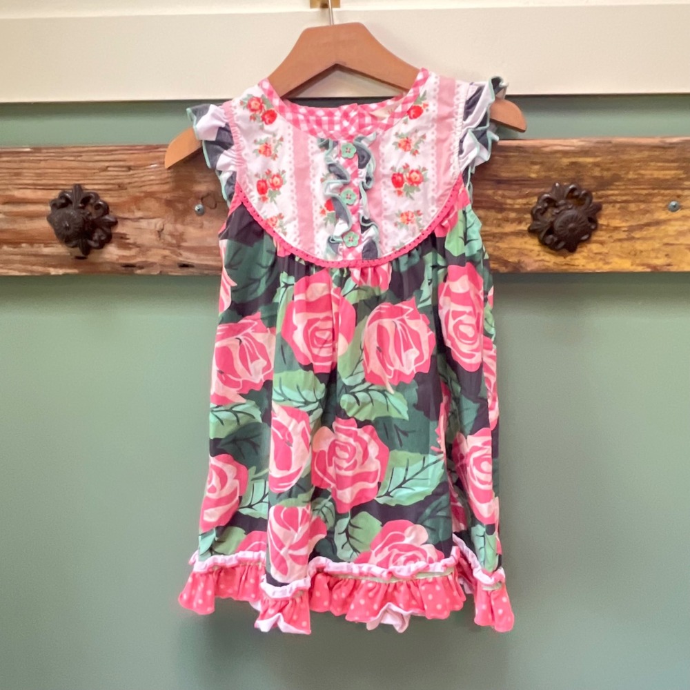 Matilda Jane Girls Floral Gingham Ruffle Dress Pink Green Size 2